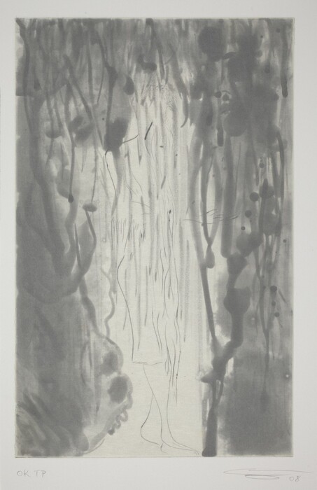 The image shows a composition with vertical lines and shapes, conveying a sense of downward movement. Smudged and dripping forms suggest the likeness of rain or tears. Within the patterns, a faint contour resembling a figure is visible. Gray tones blend together, giving the appearance of shadows and reflections.