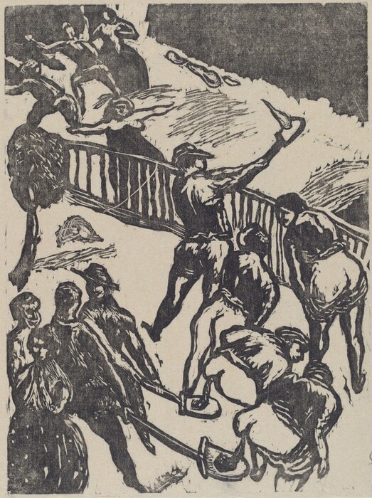 This is a black and white drawing showing various individuals engaged in labor or work. The artwork features stylized figures with bold outlines and dynamic poses, possibly created using a woodcut or etching technique. Some figures are holding tools while others are shown participating in a shared task. The background includes abstract forms, adding depth to the scene and creating a sense of communal activity and exertion.
