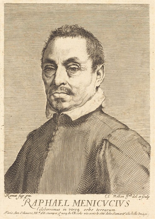 The image is an engraving of a man with a prominent and high forehead, rounded eyebrows, a mustache, short curly hair, wearing a shirt with a ruffled collar and a garment with a textured, striped pattern. The background consists of horizontal lines. The inscription below the portrait reads, "RAPHAEL MENICUCIVS," with additional text about the artist and location.