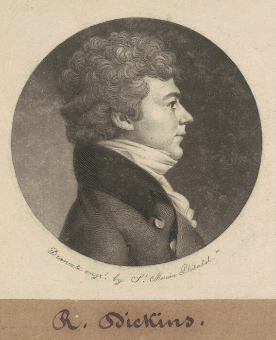 This image is a profile portrait of a man with curly hair and distinct facial features, wearing historical formal attire. The background is dark with a sepia-toned border, and there is a caption reading "R. Dickins" below the portrait, with handwritten text indicating the print was made by S. Marais in Philadelphia.