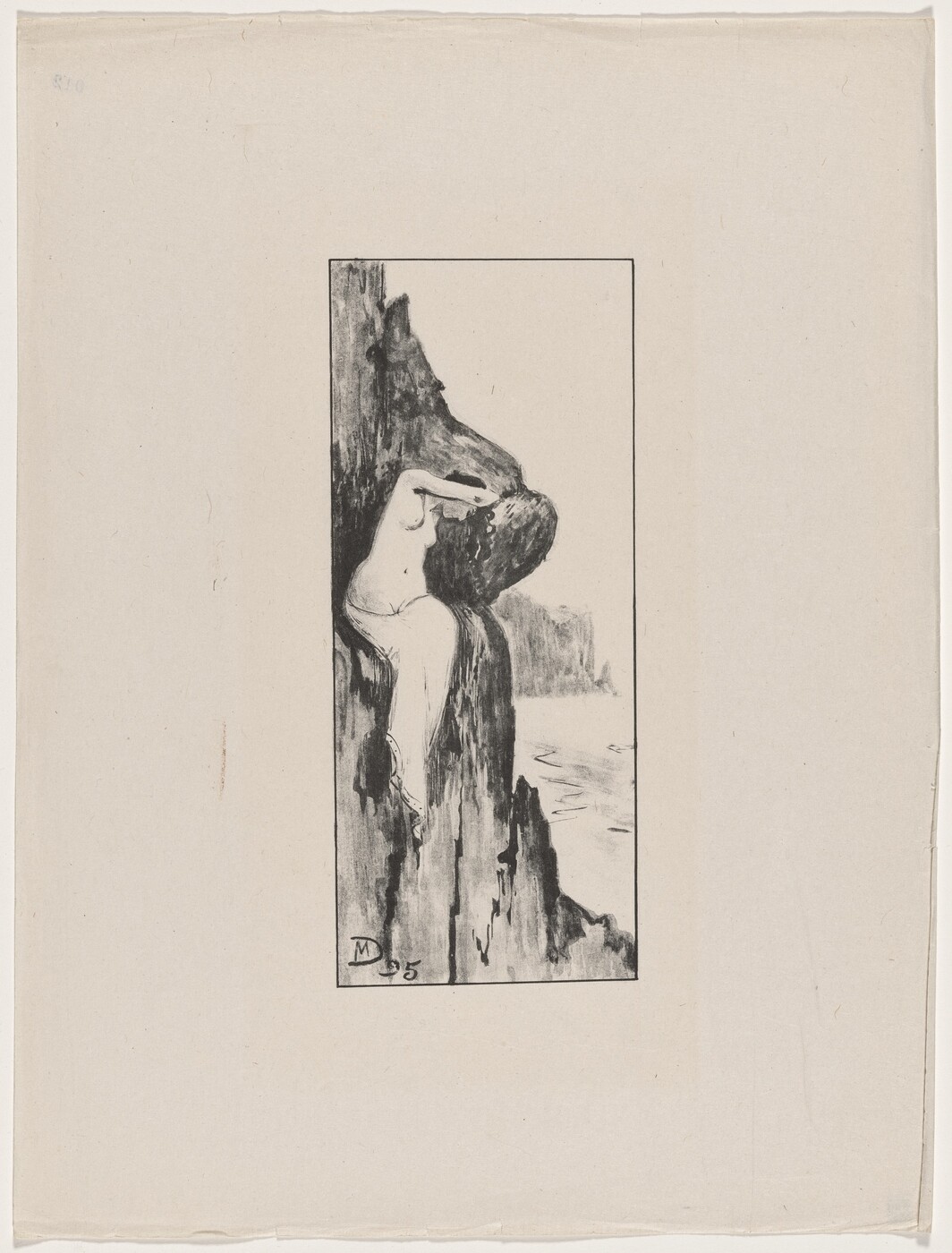 The image is a black and white drawing of a person seated on a rocky surface, with a rocky cliff in the background. The person is unclothed, has long hair, and their facial features are softly drawn. The person's upper body and head are visible, with one arm resting on a rock behind them. There are no visible objects or jewelry. The drawing is signed with the initials "MD" and the date "95."