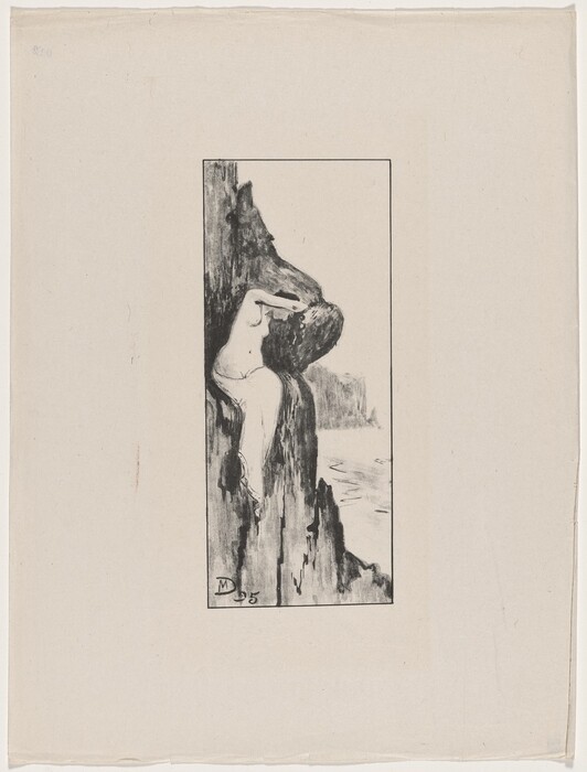 The image is a black and white drawing of a person seated on a rocky surface, with a rocky cliff in the background. The person is unclothed, has long hair, and their facial features are softly drawn. The person's upper body and head are visible, with one arm resting on a rock behind them. There are no visible objects or jewelry. The drawing is signed with the initials "MD" and the date "95."