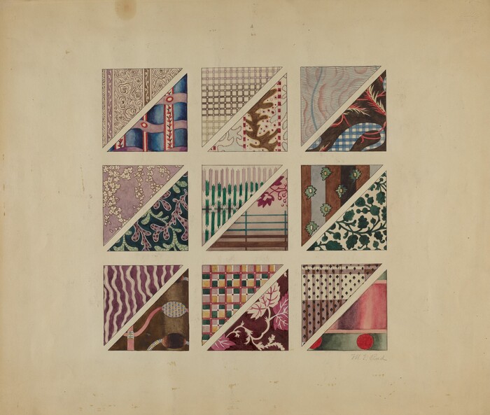 The image shows a grid of twelve triangles, each divided diagonally to display various patterns and colors. The designs include lines, checks, waves, and organic motifs. The patterns are reminiscent of floral arrangements, woven textiles, and tiled surfaces. The intricate designs, framed by triangles, resemble decorative tiles or fabric swatches, each unique in its storytelling through color and pattern.