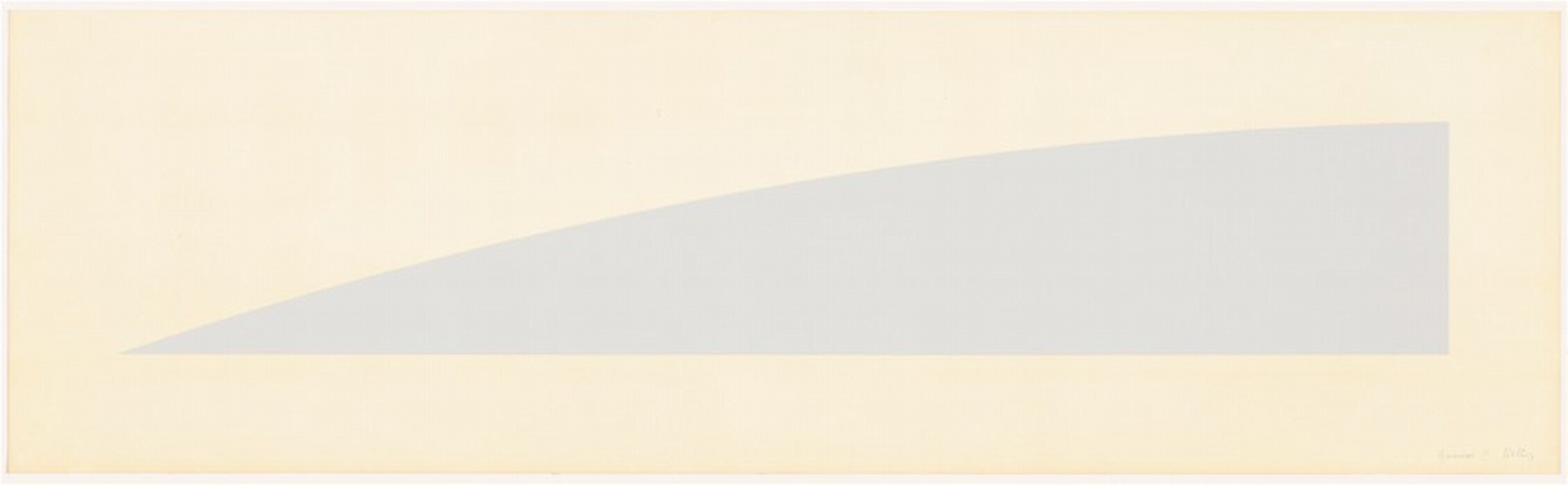The image shows a large, pale gray triangular shape with a curved hypotenuse, set against a light beige background. The triangular form resembles a stylized sail or a minimalist representation of a wave. The simplicity of the design allows for different interpretations.