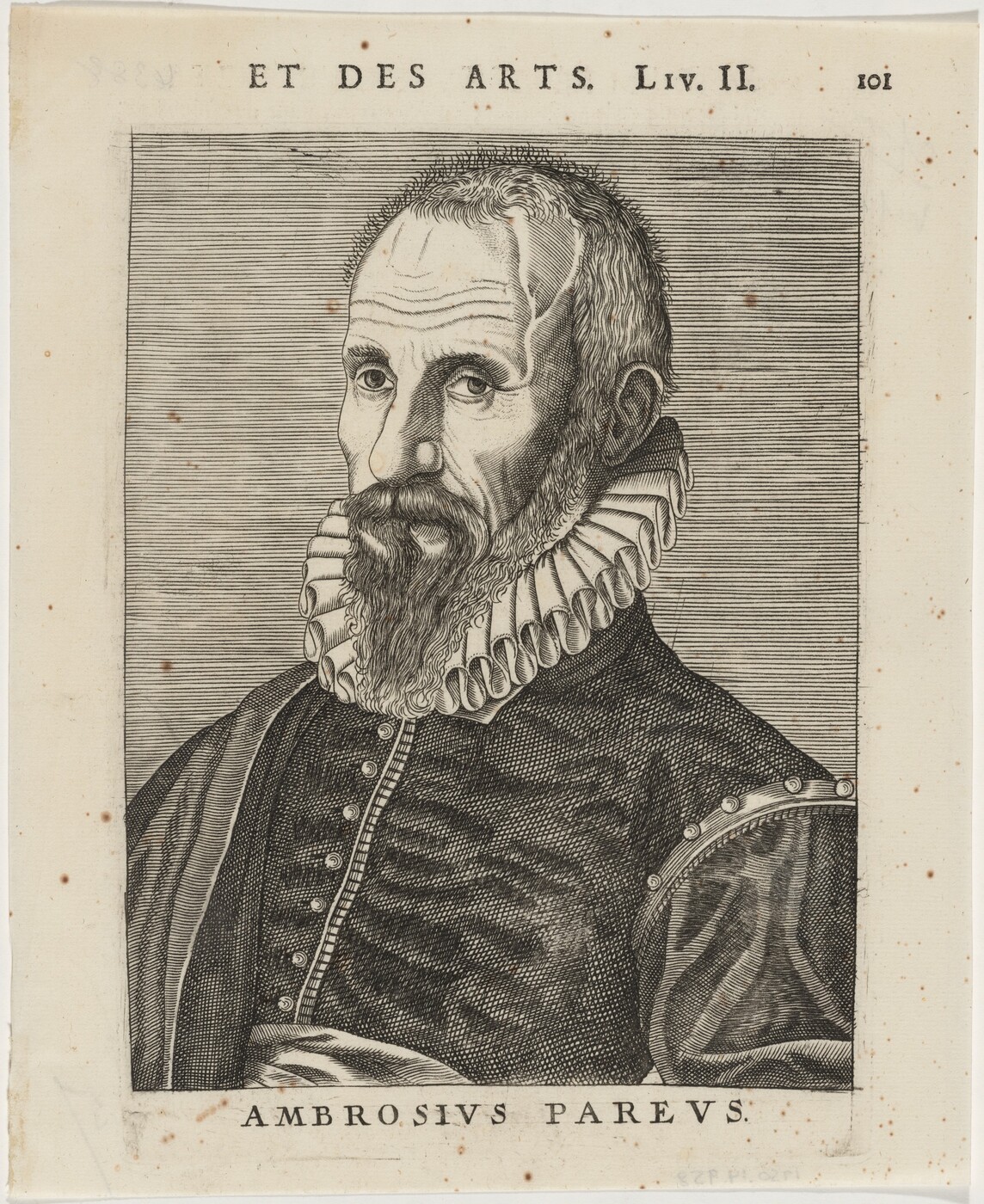 The image shows a portrait of a man with a solemn expression. He has deep-set eyes, a prominent nose, and a long beard. His hair is short and thin, with a receded hairline. He is wearing an ornate collared garment with a ruffled collar, buttons down the front, and decorative elements on the shoulders and sleeves. There is text at the top of the background and his name, "AMBROSIVS PAREVS," displayed below the image.