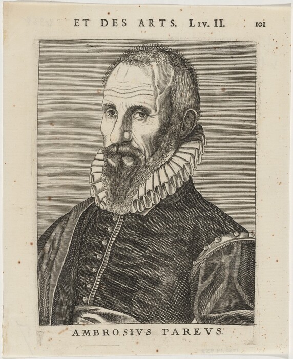 The image shows a portrait of a man with a solemn expression. He has deep-set eyes, a prominent nose, and a long beard. His hair is short and thin, with a receded hairline. He is wearing an ornate collared garment with a ruffled collar, buttons down the front, and decorative elements on the shoulders and sleeves. There is text at the top of the background and his name, "AMBROSIVS PAREVS," displayed below the image.