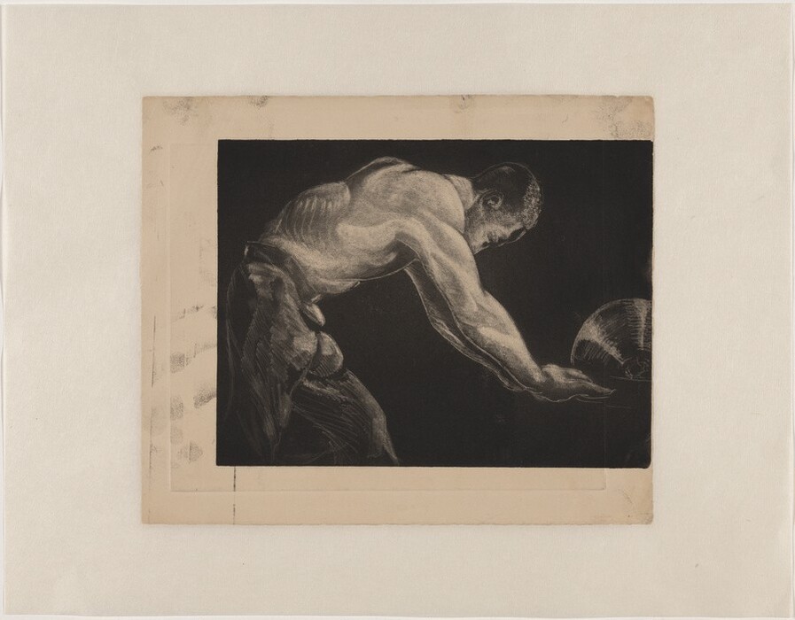 The image depicts a man's upper body in a sitting position, with his back, shoulders, arms, and head in a muscular and dynamic pose. His face is in profile with short hair, reaching towards a sphere-like object above his hands. He is shirtless, showing muscle definition, against a simple dark background.