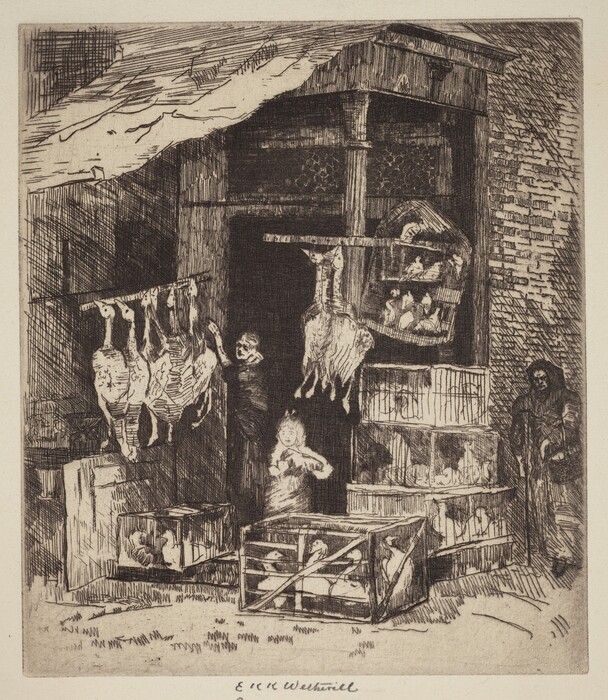 This is a drawing of a market scene with poultry and game. The scene shows a market stall with various game animals, such as birds, displayed. The drawing includes hanging animal carcasses and crates containing poultry. Details of the building, such as wooden and brick textures, add to the realism. Fine lines typical of etching techniques create depth and detail, illustrating the wares, architecture, and environment of the market.