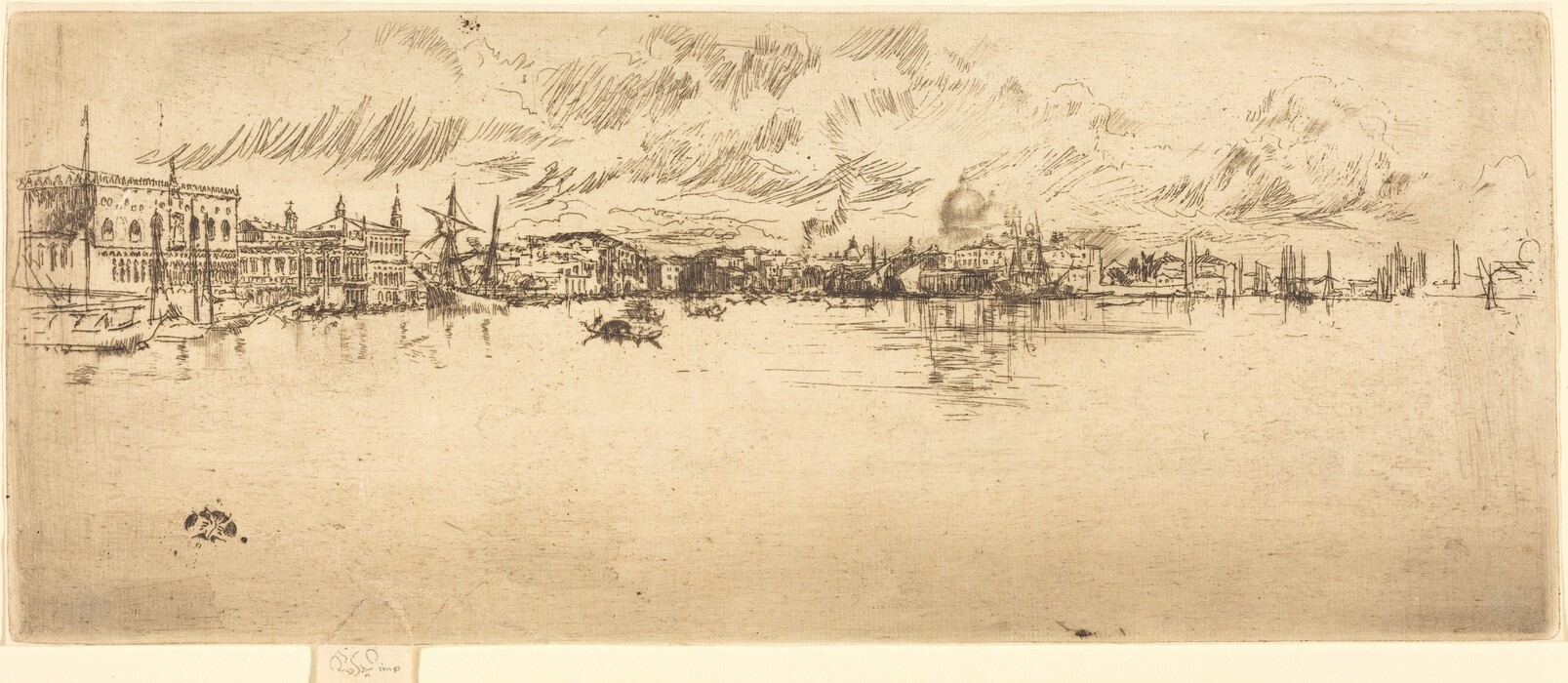 The image shows a cityscape with a wide waterway in the foreground. Viewed from above, the scene includes buildings of different heights along the horizon. A detailed building is visible on the left side, and boats are scattered in the water. The sky is filled with swirling clouds, giving a sense of movement. The color scheme is mainly sepia, creating an antique atmosphere. The style blends fine and gestural line work to depict the calm water and dynamic sky and urban elements.