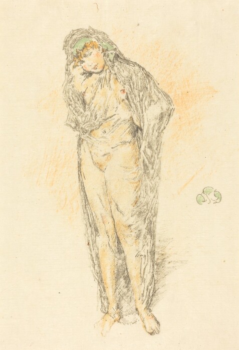The image shows a person standing upright with a slight lean to their right. Their head is bowed, looking downwards, with their right hand resting against the side of their face. The person's facial features are not clearly defined. They have short, wavy hair, partly covered with a head covering. They are wearing a loose, flowing garment that covers them from head to toe, with bare feet partially hidden. There are no visible accessories or objects in their hands. The background is a plain, light-colored canvas with subtle orange shading.