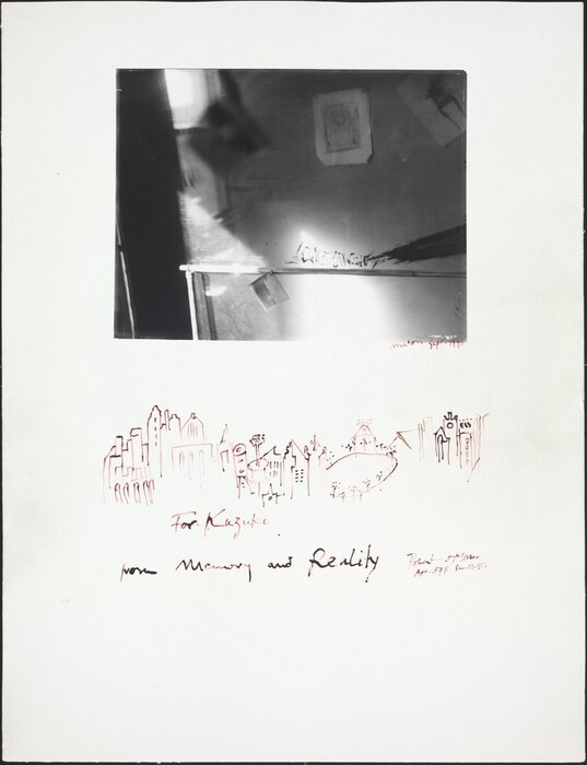 The image displays abstract shapes and lines in black and white at the top, along with a detailed cityscape at the bottom. The abstract section resembles hazy interior outlines with light and shadow, suggesting a reflective surface. The city skyline features various buildings and spires. Handwritten text, "For Kauzaki," "Memory and Reality," and additional notes are included in the composition.