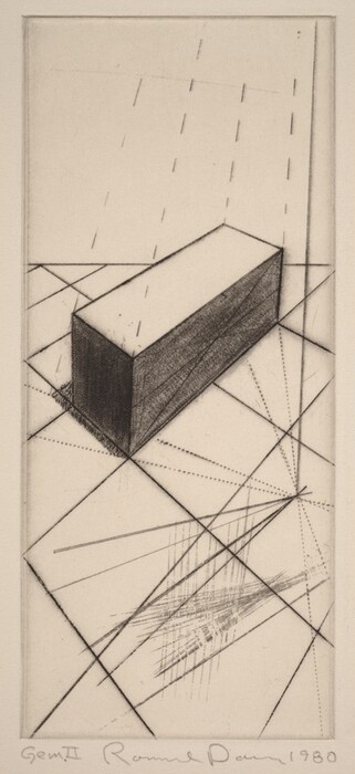 The image shows a rectangular block hovering above intersecting lines and grids. The lines beneath the block resemble a graph or blueprint. The dotted and solid lines, along with the shadow cast by the block, create a three-dimensional illusion, giving the impression of a floating structure over a schematic representation.
