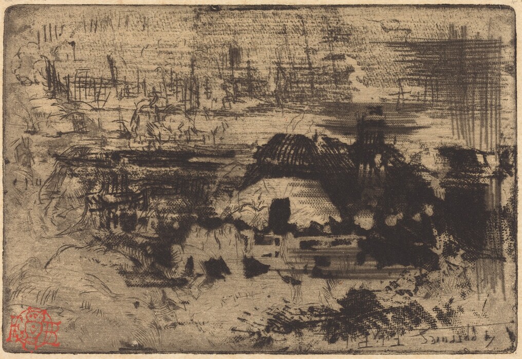 The image features a variety of lines and shapes layered over each other. Dark parallel lines and scattered crosshatchings create an abstract composition. There are dome-like shapes in the upper half of the image, along with lighter fragmented lines suggesting reflections or distant outlines.