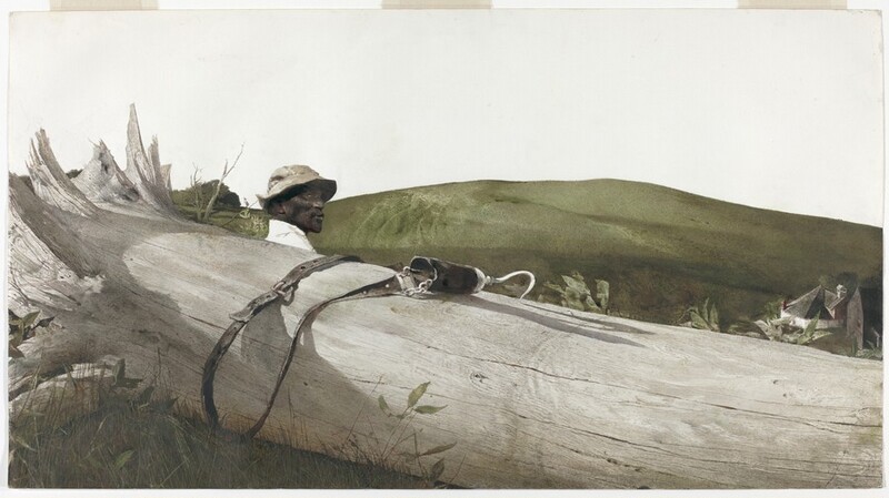 A man with dark brown skin sits or reclines on the far side of a fallen, ash-white tree trunk in this horizontal watercolor painting. The trunk angles from just above the lower left corner of the sheet down and off the edge of the bottom right corner. The trunk is smooth with some fine cracks running along its length. Shorn roots flare out at the left end. The man sits near the roots so only his face and upper shoulders are visible as he looks to our right in profile. He has high, slightly hollow cheekbones and a prominent, pointed jaw. His upper lip is darker than the lower, and his mouth is closed. He wears a khaki-colored, floppy-brimmed hat and a high-collared white shirt. A hook affixed to the end of a tube, perhaps a prosthetic or tool, at the end of a long strap with a silver buckle is draped over the trunk. Grass and a few plants grow in the lower left corner of the composition, on our side of the tree, and a velvety, moss-green hill swells in the distance against the blank white sheet. We look sharply down onto the roofs of a house and barn in the deep distance, visible just over the edge of the tree near the lower right.