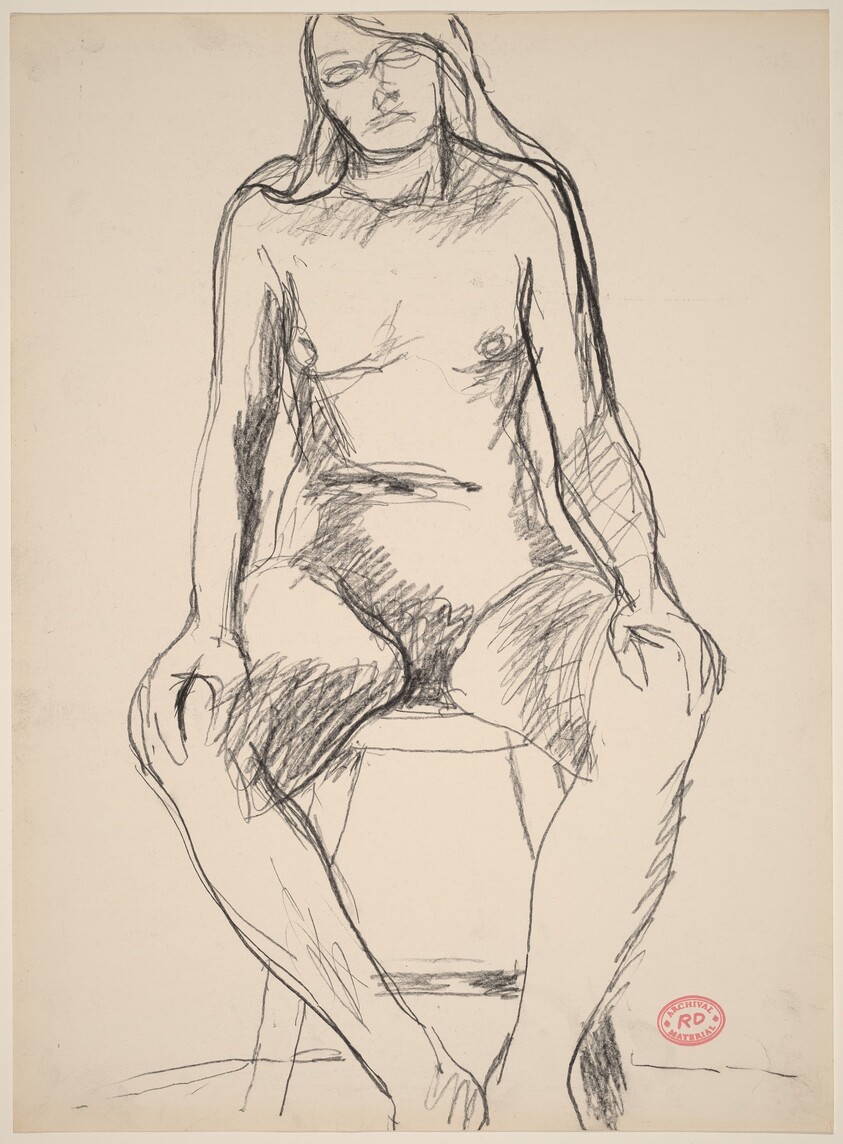 Untitled [female nude with long hair seated on a stool]