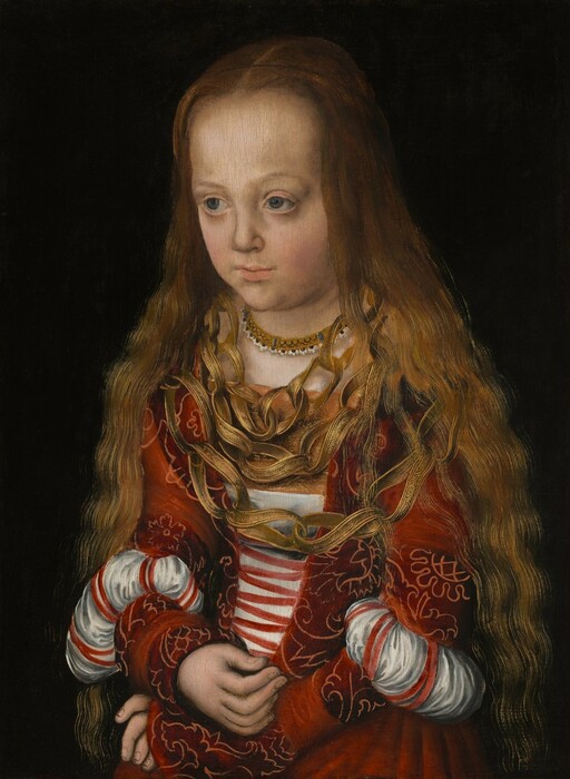 Shown from the lap up, a young girl with pale, peachy skin and long, light brown hair wears a crimson-red dress with slashed, puffed sleeves and three large, gold-colored necklaces covering much of her chest in this vertical portrait painting. She sits with her body angled slightly to our left and, with her head tipped slightly forward, she looks off in that direction with slate-blue eyes under faint brows. Her long, wavy, golden-brown hair falls from her high forehead and lies loose around her shoulders. Her dress has bands of a floral pattern outlined in a lighter red against a ruby-red background, and the bodice ties with red laces down the front over a white undershirt. The tight-fitting, long sleeves are slashed around the elbows so the white linen shirt can be pulled through to create puffs. Her high-necked chemise has a jeweled band at the neck. The three strings of the distinctive necklace seem to be made of gold-colored strips of fabric or leather made into twisting loops, which are then linked together like a paper chain. Each strip is painted or decorated with a fine, dense lattice pattern and edged in gold. The girl sits with her wrists crossed in her lap against a black background.
