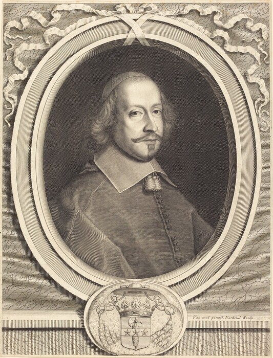 The image is an engraved portrait of a man in three-quarter view. He has a mustache, goatee, and shoulder-length wavy hair, dressed in formal attire with a large collar and cloak. The background features an ornate oval frame with decorative motifs and a coat of arms at the bottom. The artwork is done in a detailed monochrome engraving style.