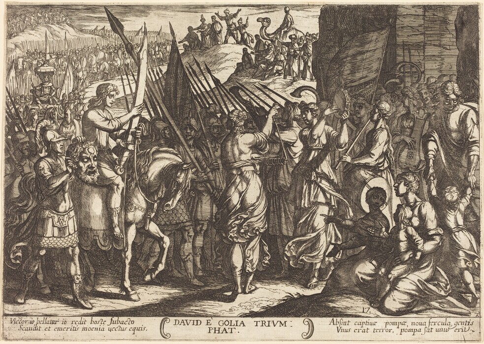 This is a drawing featuring a triumphal scene. A large gathering of soldiers and onlookers is depicted. The drawing includes a central figure mounted on a horse and holding a curved object, surrounded by others holding weapons like spears. The scene conveys an atmosphere of victory or celebration through the interactions and gestures of the figures. In the forefront, a parade of figures is shown, some holding musical instruments such as tambourines. The image captures a bustling scene with a successful military campaign being celebrated with crowds and musicians. Banners are raised as figures move through a multitude of people lining the procession path. The detailed line work and shading provide depth and complexity, offering a glimpse into what seems to be an ancient or historical setting. The text at the bottom reads "DAVID E GOLIA TRIUMPHAT," suggesting a biblical theme.