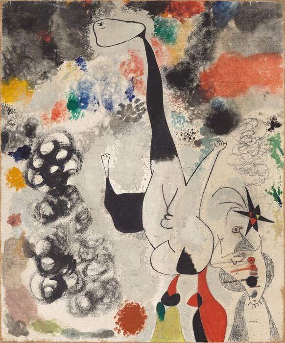 At least two surreal, imaginary creatures are surrounded by rubbed and blended orbs of coral orange, dandelion yellow, cobalt blue, emerald green, black, gray, and pastel green and pink in this abstracted painting. The larger being is in the center of the canvas and nearly reaches the top edge. Its triangular, oblong head has a tiny face with two eyes, a nose, and a dash for a mouth at the top corner. A long, sinuous neck reaches halfway down the composition to join the oval-shaped body, which has two thick arms with small hands. A V-shaped form at the center of the body, like folded wings, and a rounded bottom are difficult to interpret. What may be legs are fragmented fields of flat cardinal red, black, yellow, and green. The second creature is about a third the height of the first. Tucked in the lower right corner of the canvas, this critter has a tiny bird-like head, a bulbous body, and long legs. A second bird with a short beak and a crest like a rooster appears to be superimposed upside down on the other bird, so the clawed feet point upward. A six-pointed star painted in black with two red triangles and one yellow triangle at its center is over the birds. A tall shape made of black circles like a tower of bubbles is to the left. The upper corners of the painting are rubbed with mostly gray and black, and patches of color create a loose band across the composition about a third of the way down the canvas. Some areas, like the two birds in the lower right, might be drawn directly onto the textured canvas. The artist signed the lower right corner, “Miró.”