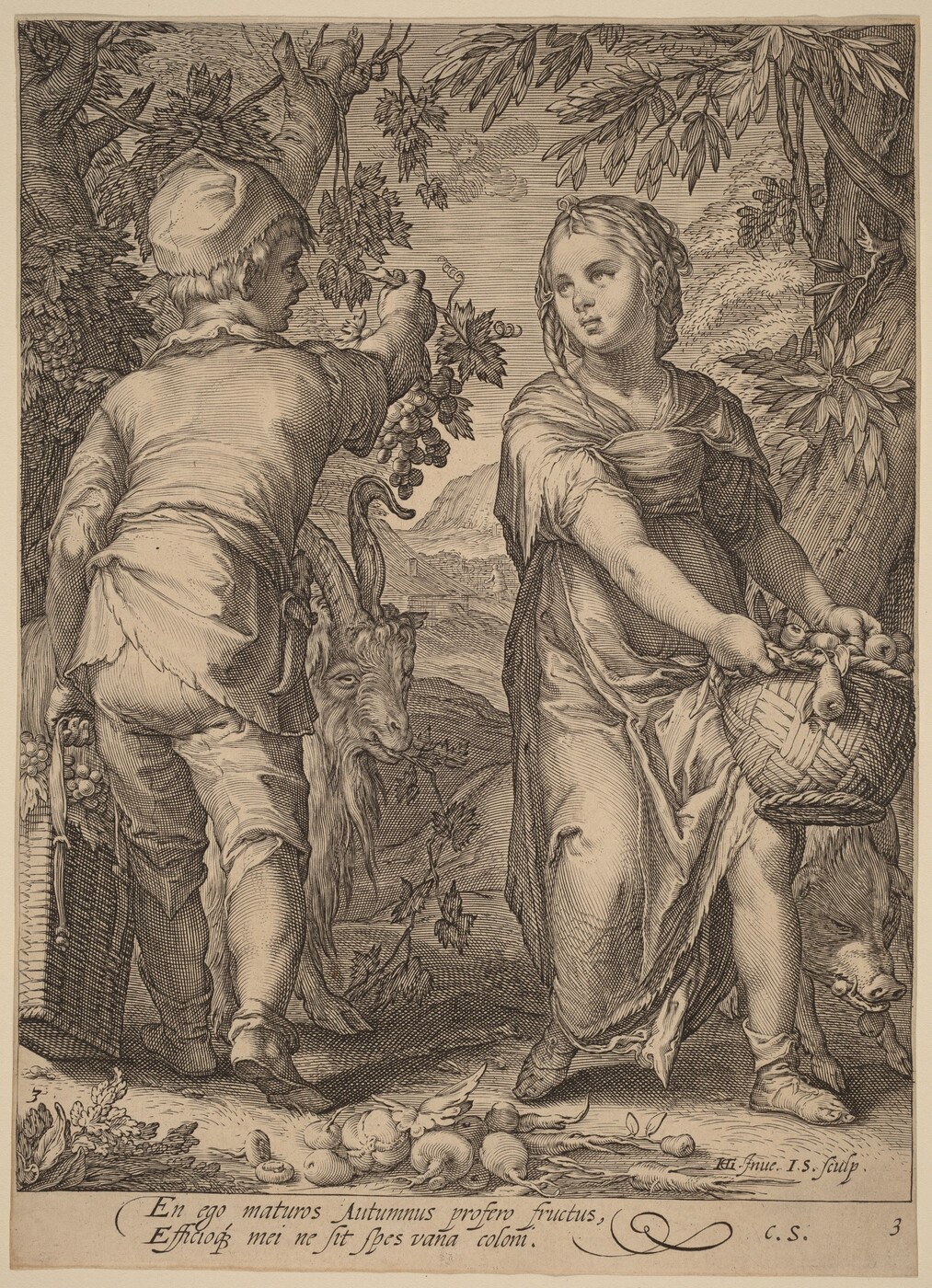 This is a drawing of an autumn scene with two figures collecting fruit. In the foreground, a figure on the left reaches for a bunch of grapes from a tree while the figure on the right holds a basket filled with fruits. The scene includes a goat and a pig in the background. The scene is surrounded by foliage and a landscape that extends into the distance. The drawing has detailed textures and shading.