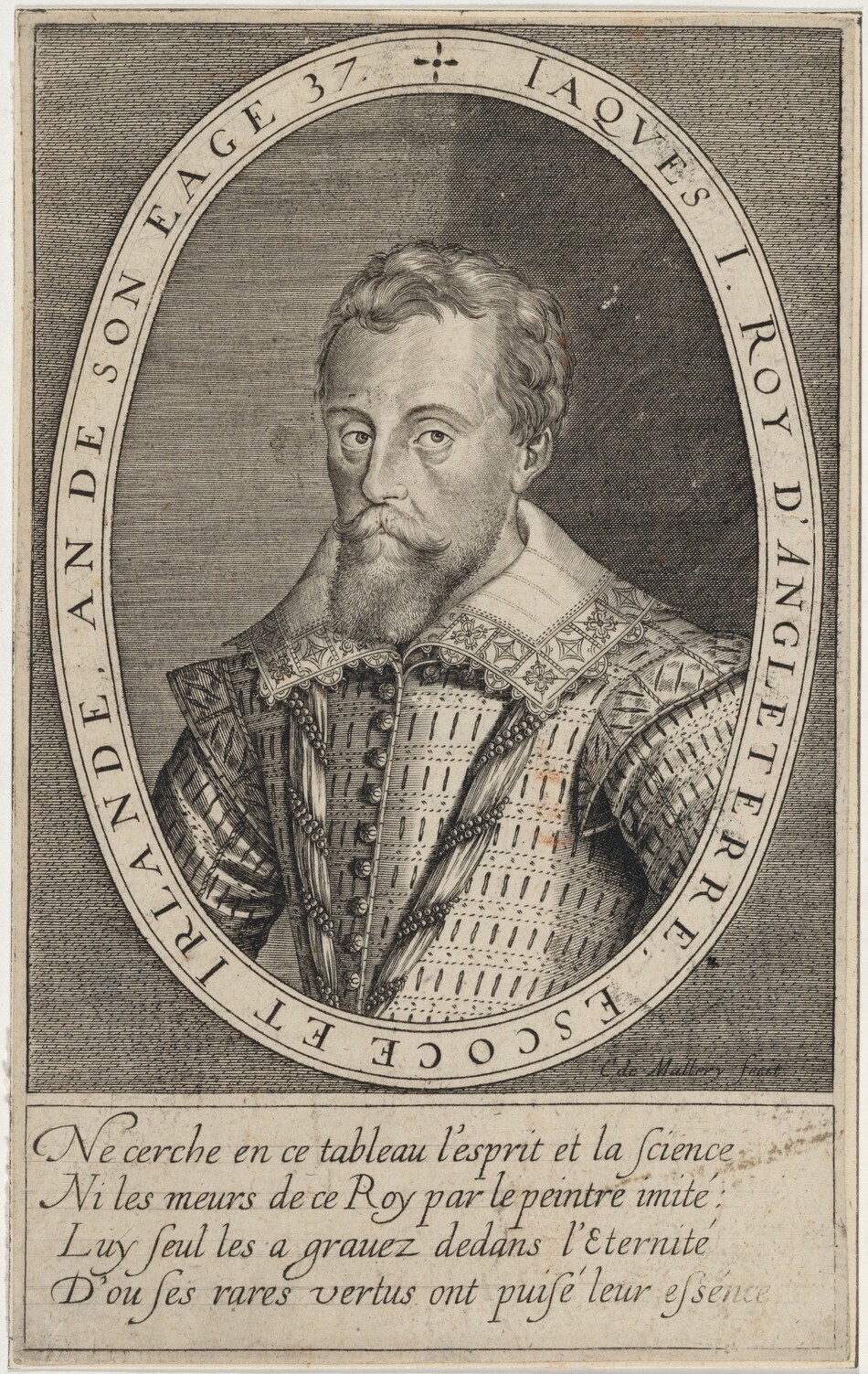 The image is a portrait engraving of a man facing slightly to the right. He has a broad mustache, neatly trimmed beard, wavy hair, and is wearing an ornate outfit from the early 17th century. The outfit features decorative patterns and elements suggesting high status. The portrait is within an oval frame with inscription along the edges and text below. The background is a simple textured surface.