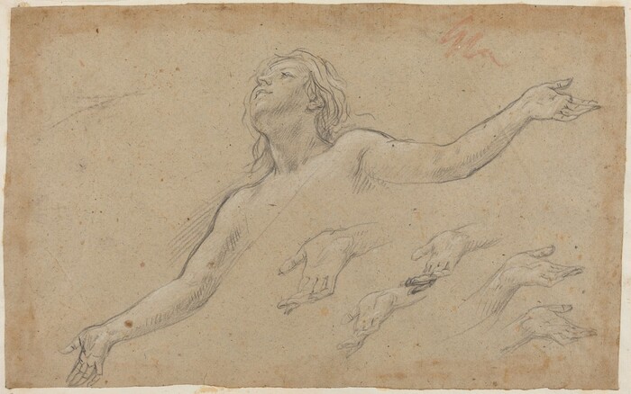 This is a drawing of a classical figure with outstretched arms and a set of detailed sketches of hands below it. The primary figure in the drawing appears to be sketching the upper torso and head of a person seen from below and to the side. The figure's arms are extended wide. The drawing also contains multiple smaller sketches of hands in various gestures and positions. The artwork employs thin lines and subtle shading, using pencil or graphite on aged paper.