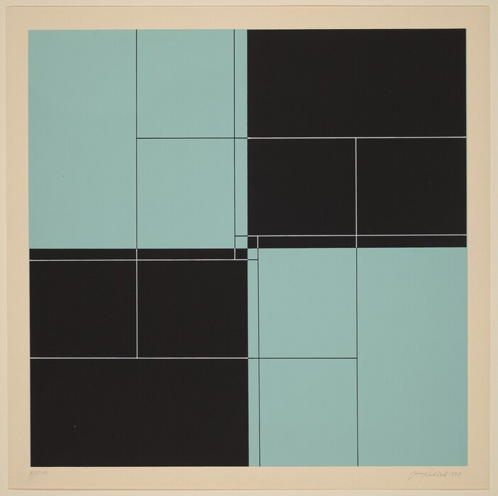 The image displays intersecting rectangular shapes and straight lines in a grid-like pattern. It utilizes contrasting blocks of black and aqua. The precise lines and geometric arrangement create a checkerboard or tessellated floor pattern.