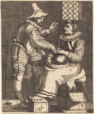 “Exempel und Lehr Jetziger Welt Lauf”. The image shows two individuals in a small interior setting.