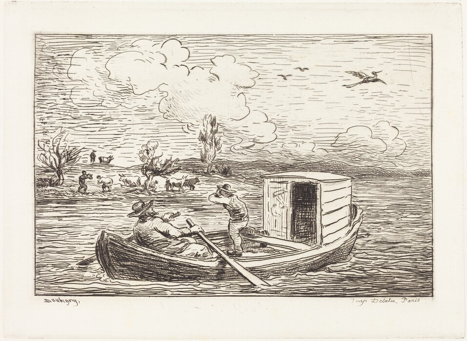 The image is a black and white etching of a scene showing a rowboat on water. Two figures are in the boat, one sitting with an oar and the other standing and looking into the distance. The boat has a small enclosed structure on the right. On the shore, there are figures with animals. Trees are scattered around, with one tall tree in the foreground. The high horizon includes clouds and birds. The etching has detailed line work showing textures in the scene. The contrast of light and dark defines forms and evokes a sense of place.