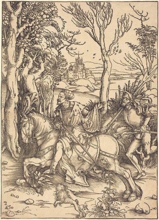 The image depicts a detailed scene viewed from a slightly elevated perspective. A knight on horseback, clad in ornate armor, is engaged with another richly dressed figure bearing a weapon. The artwork is executed in a precise line drawing style. The trees around the riders are drawn with textured bark. The landscape includes a castle with spires and turrets amid hills. The scene is monochromatic, emphasizing light and dark through the line work.