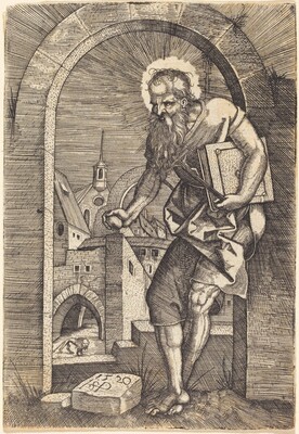 “Saint Jerome Standing Under an Arch”. This print features a man depicted in a full-length pose.