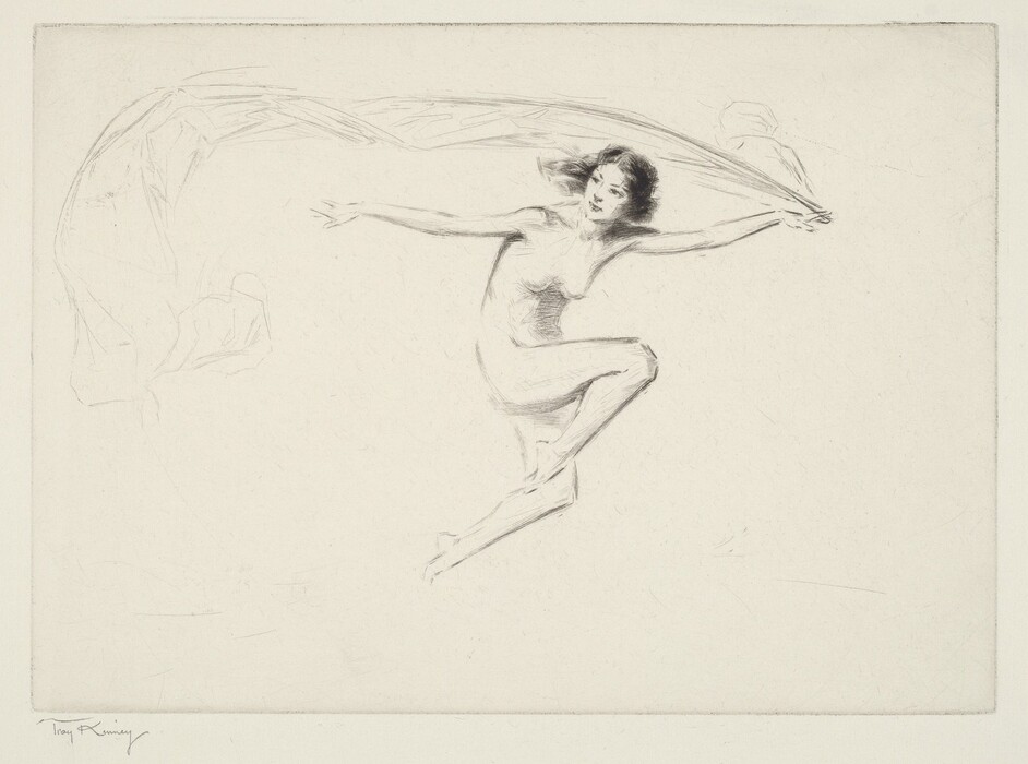 This is an image of a dynamic figure in motion. The central figure is depicted in mid-air, with one knee bent and arms extended. There is a flowing piece of fabric or drapery around and above the figure. The shading and line work convey the texture and contours of the form, giving it depth. The drawing is executed with a light touch, focusing on outlines and shades over detailed color work.