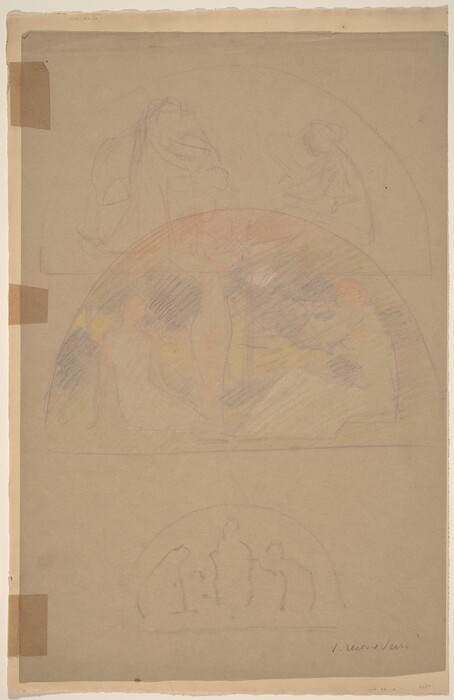 The image depicts several semi-circular shapes arranged vertically on a muted brown background. These abstract shapes contain faintly sketched figures and forms resembling human silhouettes seated and interacting. The soft lines and subtle color shading suggest movement and depth within the compositions, evoking scenes of gatherings or conversations.