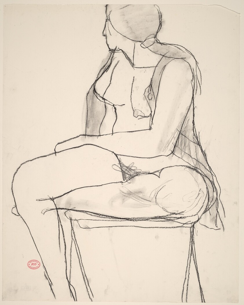 Untitled [seated female nude in an open shirt turning away]