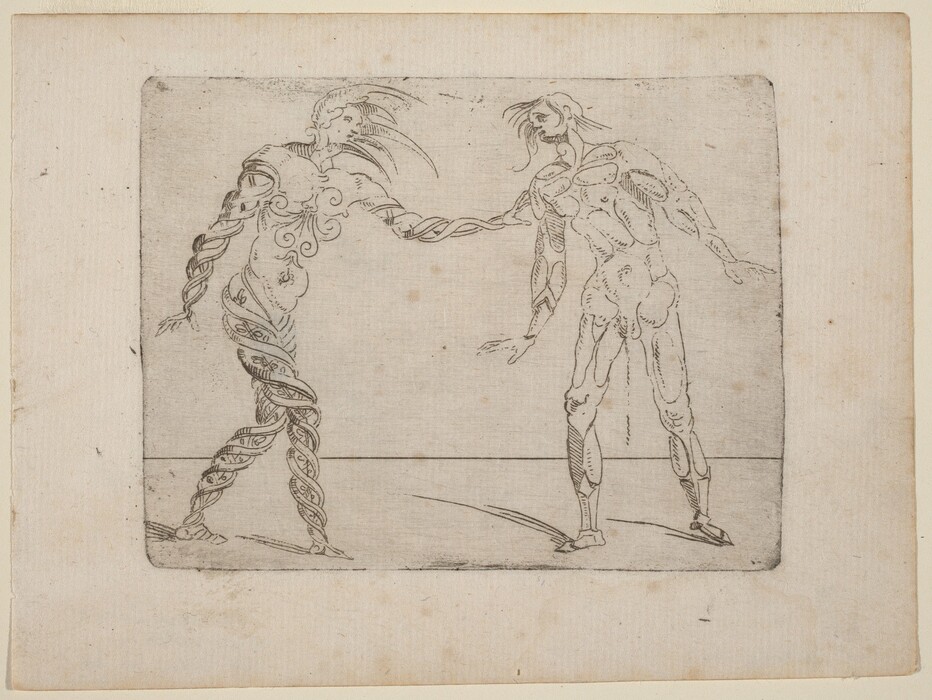 This is a drawing of two abstract humanoid forms interacting. The figures have elongated limbs and distinctive features. The figure on the left has swirling patterns, resembling twisting vines or smoke. The figure on the right has a muscular anatomy with defined lines accentuating the musculature. The figures face each other in a minimalist space with subtle horizontal lines suggesting a ground, implying a connection or interaction.