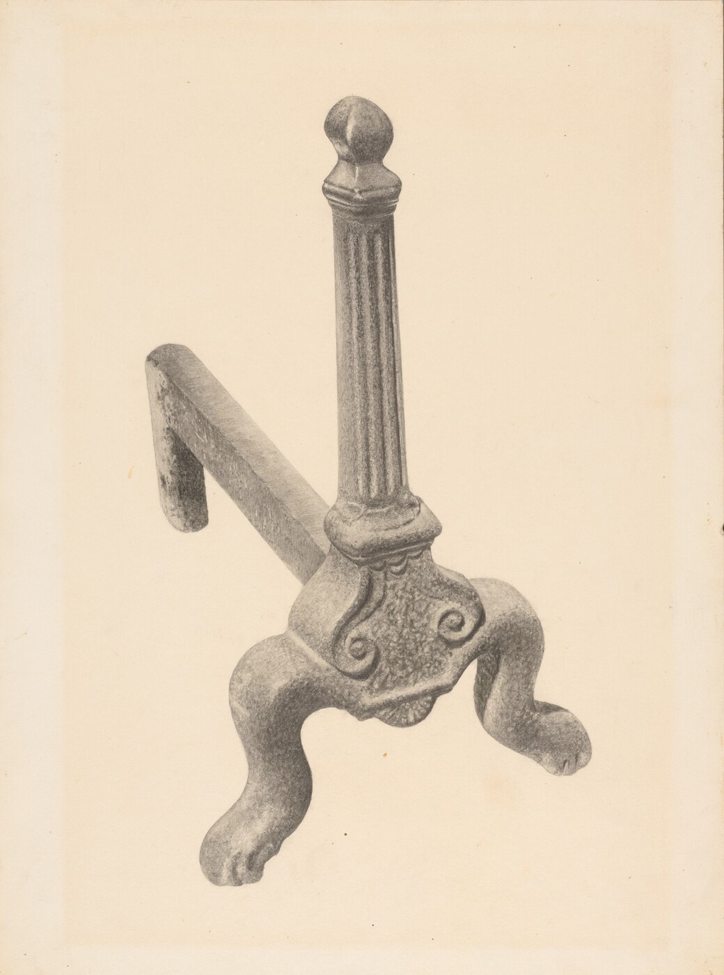 The image shows a single wrought iron andiron, which features a tall, ornate vertical column with a detailed base, resting on two stylized claw-like feet. The color palette is a monochrome grey scale, depicting the metal in shades of grey and black. The andiron is positioned at an angle, facing towards the left side of the image, with one leg in the foreground and the other receding into the background.