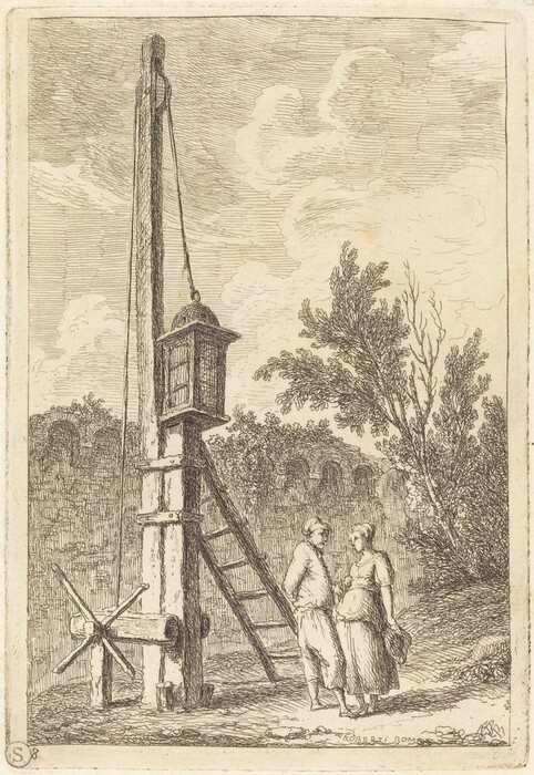 The image shows a pair of individuals near a wooden structure. A tall wooden pole with a box and pulley system is on the left side. A rope hangs from the box, and a ladder leans against the pole. Nearby, the couple stands talking, with one person holding a hat. In the background, a dense line of trees spans the horizon under a cloudy sky. The artwork features detailed etching with fine lines and crosshatching, creating texture and depth. The color scheme is monochromatic with shades of sepia and black.