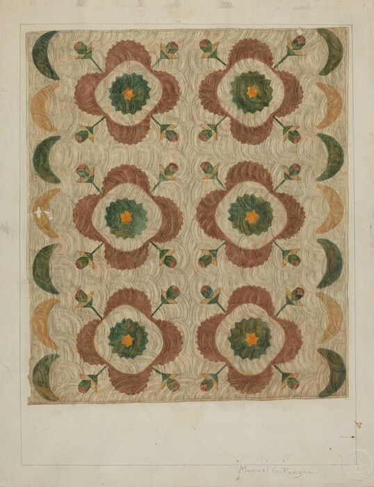 This is a painting of a patterned floral design. The painting features a symmetrical arrangement of stylized flowers with large wavy petals in shades of brown, encircling central green elements with star-like yellow centers. Each flower is surrounded by small red bud motifs connected by thin green stems. The background is textured with wavy lines. Along the edges, crescent moon-like green and orange shapes add to the decorative border.