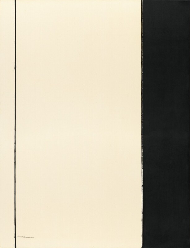 A thin black line and a thicker black band span the height of this otherwise cream-white, vertical, abstract painting. The black line is near the left side of the canvas. The solid black band is across the canvas to take up about the rightmost fifth of the composition. Along the inner edge of the band is a thin white line and then a black line, both with jagged, slightly bleeding edges. The artist signed and dated the painting in the lower left corner in black, "Barnett Newman 1964.”