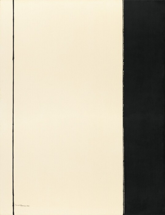 A thin black line and a thicker black band span the height of this otherwise cream-white, vertical, abstract painting. The black line is near the left side of the canvas. The solid black band is across the canvas to take up about the rightmost fifth of the composition. Along the inner edge of the band is a thin white line and then a black line, both with jagged, slightly bleeding edges. The artist signed and dated the painting in the lower left corner in black, "Barnett Newman 1964.”