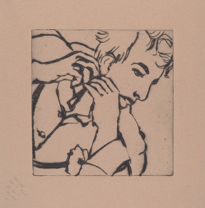 The image is an etched drawing of a person's upper body. The person is shown in a close-up profile with their head slightly bowed forward and their left hand near their face, holding a thin object. The person's facial features include a nose, eyes, and calm expression. Their hair is detailed with soft curls. They are wearing a jacket or shirt. The background consists of lines and spaces.