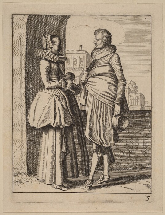 The image shows two full-body depictions of a woman and a man standing side by side. The woman is on the left, turned towards the man, with her body slightly angled. She wears a headpiece and a voluminous garment with a high collar and puffed sleeves. The man on the right faces forward and wears a fitted tunic with a fur collar, a short cape, and tights. They are standing in a setting with architectural elements visible in the background.