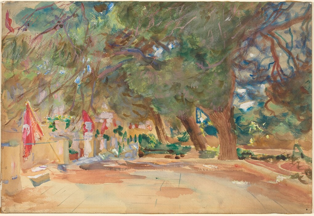 “This painting shows a pathway lined with short pillars and steps adorned with red flags on the left side and a tree-filled area on the right. The leaves overhead cast dappled shadows on the tan ground. The sky behind the brown tree branches is light blue. The brushstrokes in the painting are loose and impressionistic.”