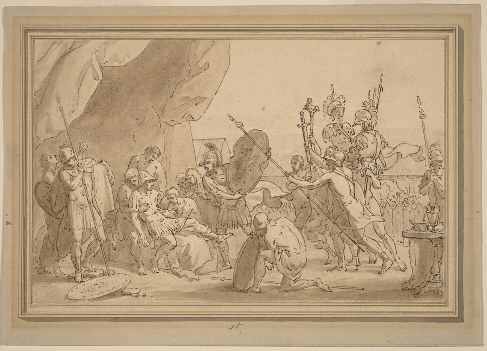 This is a drawing of a crowd scene with figures in armor and weapons. The artwork shows a gathering of figures interacting against a backdrop suggesting a setting of conflict. There are spears and shields visible. The figures are arranged dynamically, with some kneeling or gesturing. A central figure is being attended to by others, suggesting a narrative moment. The drawing has detailed expressions and a classical theme, giving it a sense of historical or mythological storytelling.