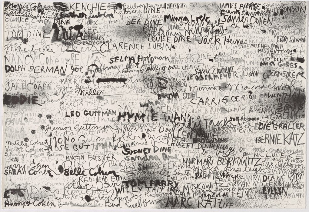 The image features a dense array of overlapping lines and shapes formed by handwritten scripts. Various names are inscribed in different sizes, styles, and darkness, creating a visually intricate design. The names flow together, resembling a complex web of connections.