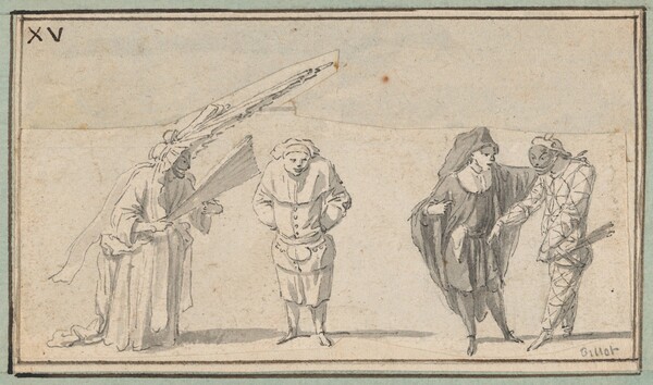 Four Commedia dell'Arte Figures: Harlequin "en femme," Mezzetin(?), Scaramouche, and Harlequin
