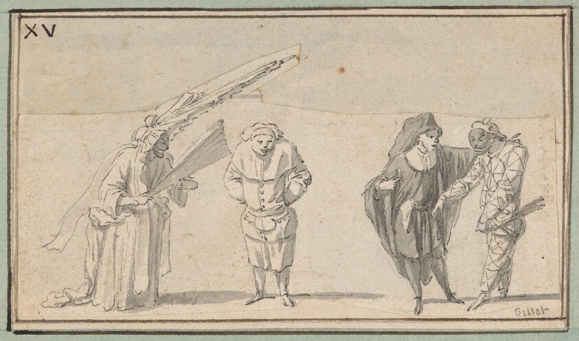 Four Commedia dell'Arte Figures: Harlequin "en femme," Mezzetin(?), Scaramouche, and Harlequin