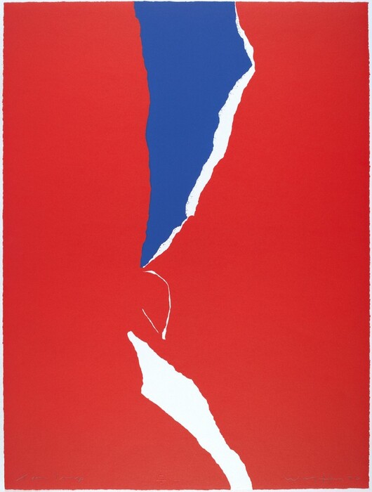 The image consists of bold red and blue vertical shapes intersected with sharp, jagged white lines, creating an abstract composition.