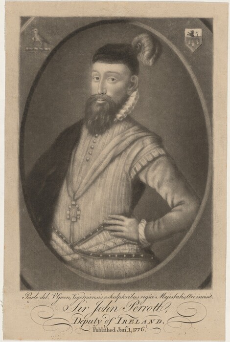 The image features an illustration of a man depicted from the waist up. The man is facing forward with his body slightly angled to his left. He has a full beard, a mustache, and short, neatly styled hair with a cap topped with a decorative plume. He is dressed in period clothing, including a high-collared shirt with a distinctive ruffle, a buttoned doublet with rich texture, and a cloak fastened with a cord draped over his shoulder. His hand rests on his hip, and he wears a large, ornate pendant around his neck. The background contains a shaded oval frame with heraldic emblems, including a lion and battlement in the upper right corner, and a bird emblem on a branch in the upper left corner. The caption below the figure identifies him as Sir John Perrott, Deputy of Ireland, with a publication date of January 1, 1776.