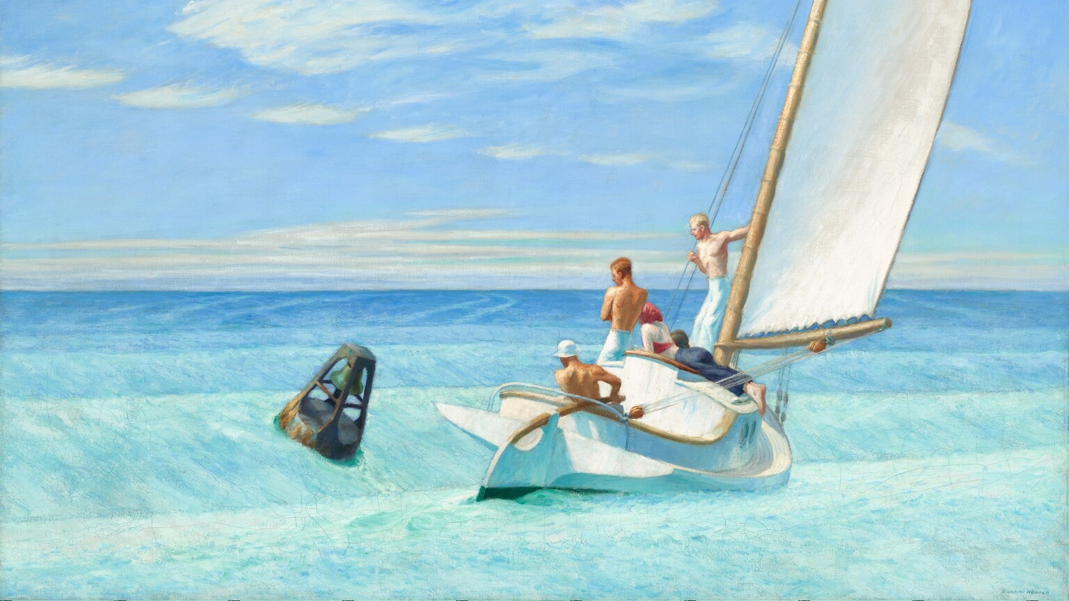A buoy and a sailboat with three men and a woman tip at an angle on rolling aquamarine and azure-blue waves in this horizontal painting. The white wooden boat sails away from us toward the right side of the composition. Its unfurled sail is tinged with taupe and pale blue and attached to a pale wooden mast. The boat has a low cabin with round portholes on the side we can see. Two of the men are shirtless, tanned, and have their backs to us. One sits in the cockpit wearing a white hat with a short brim as he holds the tiller. The other man stands on the deck with his arms crossed. Beyond the standing man, the woman lies along the roof of the cabin, her head at about the height of the man’s chest. She is barefoot and lies on her stomach wearing long, blue pants and a watermelon-pink halter top and matching kerchief covering her hair. The third man stands to her right, his slender body angled toward us while holding onto the mast with one hand and rigging with the other. The woman and third man have noticeably pale skin. A buoy near the boat is battleship-gray with streaks of rust along its base and a copper-green bell inside. It floats just to the left of and tips toward the boat on a rising swell. The scene is lit by bright sunlight coming from the left side of the baby-blue sky with bands of feathery clouds, which takes up the top two-thirds of the composition. The artist signed the lower right, “EDWARD HOPPER.”
